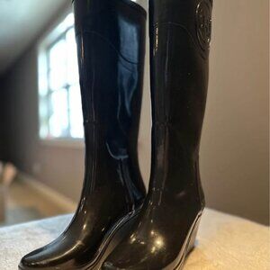 Tall Black Hunter Boots with Wedge Heel, Size 5